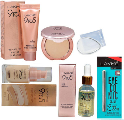

POWER POINT Silicon puff, Lakme 9to5 weightless mousse & matte foundation, primer+matte powder foundation, gold radiance face serum, eyeconic kajal(Set of 6)