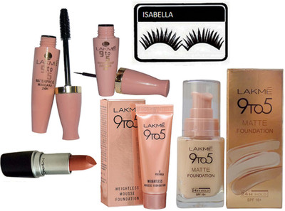

ISABELLA eyelashes,lakme 9to5 eyeliner,mascara,9to5 matte foundation,mousse foundation,matte finish lipstick(Set of 6)