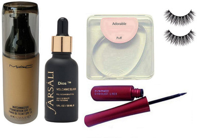 

Adorable silicone puff,mac match master foundation, eyeliner,farsali volcanic elixir 30 ml, eyelashes(Set of 5)