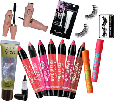

radiance booster Eyelashes & Lakme 9 to 5 Eyeliner+Mascara & Enrich Lip Crayon (Pack OF 7) & Infallible Primer & Eyelashes Glue & Stick Kajal & Maybelline Baby Lip Balm (Pack OF 2)(Set of 16)