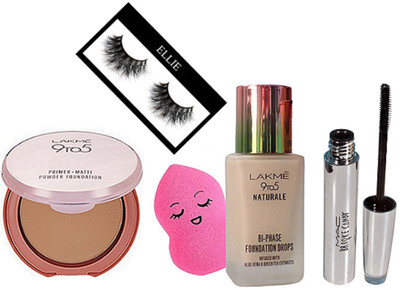 

Ellie Eyelashes, Mac Brooke Candy Mascara, Lakme 9to5 Natueale BI-PHASE Foundation Drops, Sponge Puff, Primer Matte Powder Foundation(Set of 5)