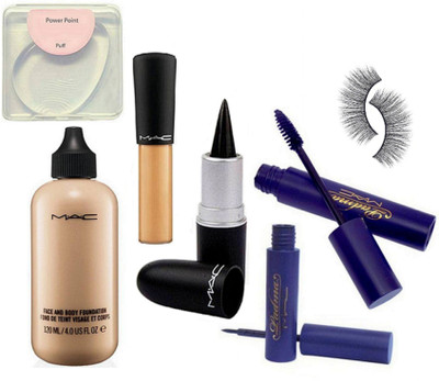 

power point Silicon Puff & Mac face and body Foundation,stick kajal & Mineralize Concealer,eyeliner+mascara,eyelashes(Set of 7)
