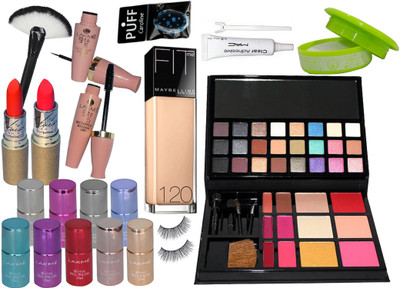 

caroline Silicon puff, Eyelashes, Makeup Brush, Mac Face Flawless Makeup Palette, Lipstick (set of 2), Clear Adhesive Glu Maybelline fit me foundation, lakme Mirror nail paint (set of 9), 9to5 Eyeliner and Mascara & nail remover(Set of 19)