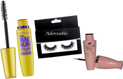 

Adorable Eyelashes, Lakme 9to5 eyeliner , maybeillene new york the magnum mascara(Set of 3)