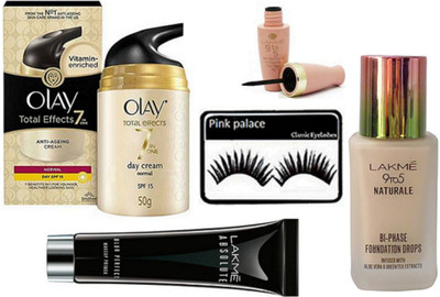 

pink palace Eyelashes, Lakme 9to5 naturale founadtion, mascara, absolute blur perfect primer, Olay total effects 7 in one day cream(Set of 5)