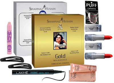 

catherine Silicon Puff, Mousse Foundation, Eyeliner, Enrich Lipstick-2, Gold & Diamond Facial Kit, Hair Clips(Set of 9)