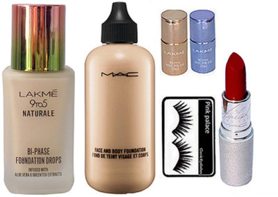 

pink palace Eyelashes. Mac face and body foundation, enrich lipstick, Lakme 9to5 naturale foundation, mirror nail paint pack of 2(Set of 6)
