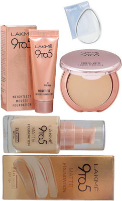 

POWER POINT Silicon puff, Lakme 9to5 weightless mousse & matte foundation, primer+matte powder foundation(Set of 4)