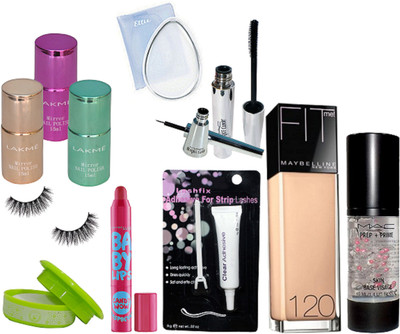 

Ellie Silicone Puff, Mac Prep+Prime Skin Base Visage Primer, Brooke Candy Eyeliner & Mascara, Maybelline New York Fit Me Foundation, Lipbalm, Eyelashes, Eyelashes Glue, Nail Paint 3, Nail Paint Remover(Set of 12)