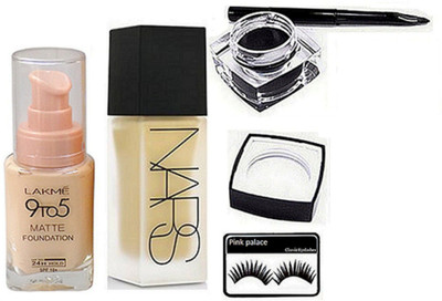 

pink palace Eyelashes, Nars foundation, Lakme 9to5 matte foundation, Mac fluid line gel eyeliner(Set of 4)