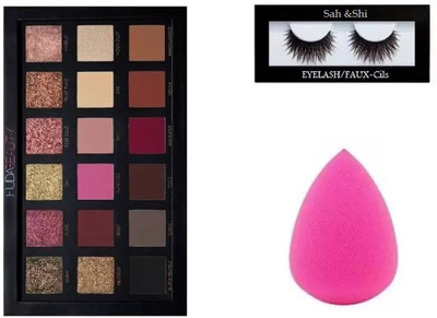 

sah&shi Eyelash And Hud Beuty Textured Eye Shadow Palette- Rose Gold Edition And Blender Puff(Set of 3)