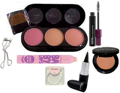 

pink palace Silicon puff, Mac 3 shade blusher, Stick kajal, eyelashes curler, maybelline candy wow lip balm , mascara, Bobbi brown concealer(Set of 7)