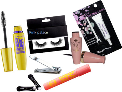 

pink palace Eyelashes, Lakme 9to5 eyeliner, Maybelline the magnum mascara, candy wow lip balm eyelashes glue, Nail clipper, hair clip pack of 2(Set of 8)