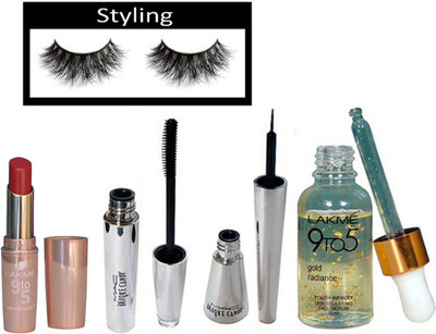 

styling Eyelashes, Lakme 9to5 crease-less Lipstick, 9to5 Gold Radiance Serum & Brooke Candy Liner & Mascara(Set of 5)