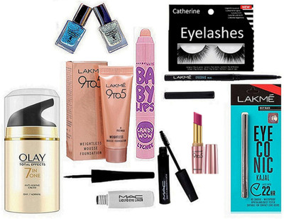 

catherine Eyelashes, Mac Eyeliner & Mascara, Nail Paint, Lakme Eyeconic Kajal, Eyeliner, 9to5 Mousse Foundation, Lipstick, Olay Cream, Maybelline Lip Balm With Mazic Nepkeen(Set of 11)