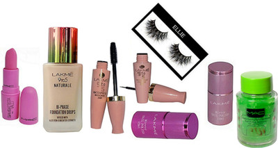 

Ellie Eyelashes, Mac Gambattista Valli Lipstick, Lakme 9to5 Natueale BI-PHASE Foundation Drops, Eyeliner & Mascara, Nail paint 2, Remover(Set of 8)