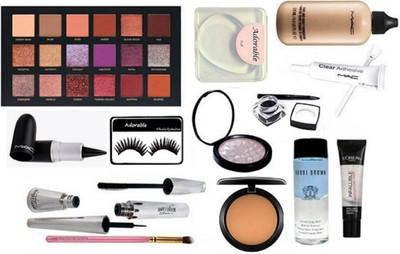 

Adorable Silicon Puff & Eyelashes & Huda Beauty desert dusk Eye shadow Palette+Makeup Brush & Mac Face & Body Foundation & Compact & fluidline gel eyeliner L'oreal Falliable Mattifying Primer & stick kajal & Brooke Candy Eyeliner & Mascara & Eyelashes Glu