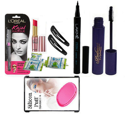 

ISABELLA Silicon Puff & Lakme 9 TO 5 Lipistick & Lakme Eyeliner & L'oreal Kajal & Hair kilip & Magic Nackpin & Mac Padma Mascara(Set of 7)