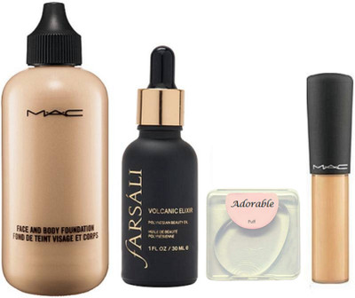 

Adorable Silicon puff, Mac mineralize Concealer, Face & Body Foundation, volcanic elixir farsali face Serum(Set of 4)