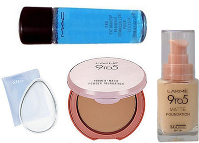 

Ellie Silicon Puff, Mac Pro Eye Makeup Remover, Lakme 9to5 Primer Matte Powder Foundation, Matte Foundation(Set of 4)