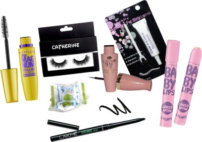 

catherine Eyelashes,Lakme 9 To 5 Eyeliner,Eyelash Glue,Maybelline Mag Num Mascara,Baby LipBalm Pack Of 2,Eyeconic Kajal,Magic Napkin Pack OF 2(Set of 9)