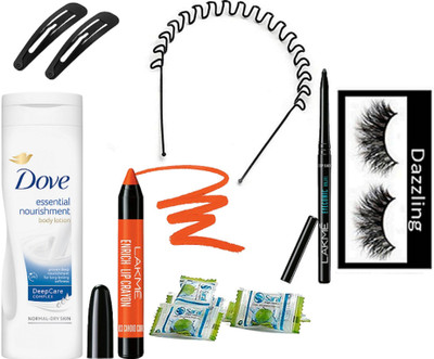 

Dazzling Eyelashes & Lakme Kajal & Lakme Inrich Lipistick & hairband & Hair Kilip (SET OF-2) & Dove Body Lostion & Magic Nackpin(Set of 7)