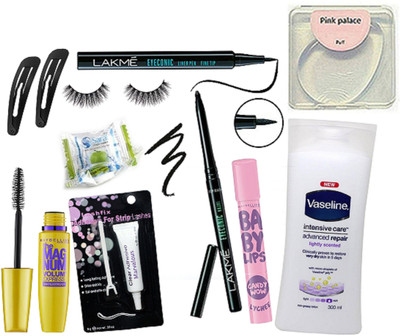 

pink palace Silicon puff, eyelashes., hair clips pack of 2, eyelashes glue, magic napkin pack of 3, vaselline intensive care advanced repair body lotion,Maybelline candy wow lip balm, the mag num mascara, Lakme eyeconic kajal, pen eyeliner(Set of 13)
