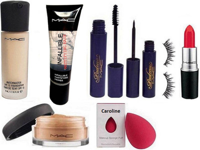 

caroline sponge puff & matchmaster liquid foundation & Mattifying Base Primer & matte finish lipstick & loose powder& Padma eyeliner+mascara with Eyelashes(Set of 8)
