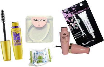 

Adorable silicon puff, Maybeillen new york the magnum mascara, lakme 9to5 eyeliner , eyelashes glue, magic napkin 2(Set of 6)