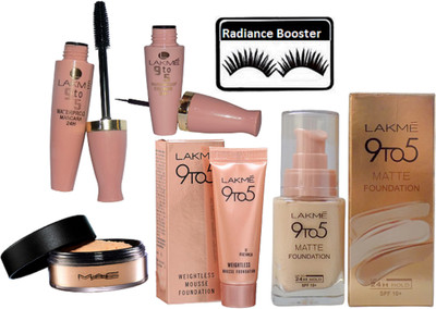 

radiance booster Eyelashes & Lakme 9 to 5 Water proof Eyeliner+Mascara & Weightless Mousse Foundation & Matte Foundation & Mac Loose powder(Set of 6)