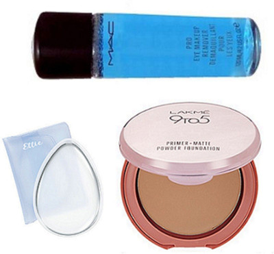 

Ellie Silicon Puff, Mac Pro Eye Makeup Remover, Lakme 9to5 Primer Matte Powder Foundation(Set of 3)