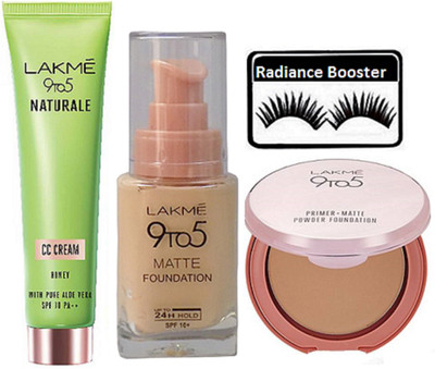 

radiance booster Eyelashes & Lakme 9 to 5 Matte Foundation & Primer Matte Compact & Naturale CC Cream(Set of 4)