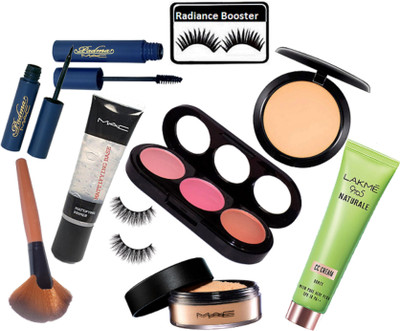 

radiance booster Eyelashes & Mac 3 Shade Blusher & Compact & Loose Powder & Primer & Padma Eyeliner+Mascara & Makeup Brush & Lakme 9 to 5 Naturale CC Cream(Set of 10)