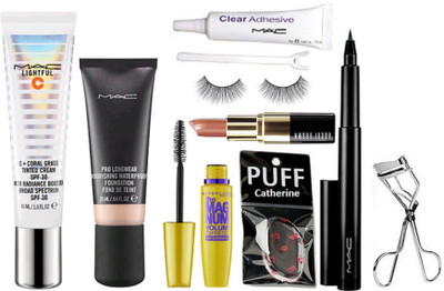 

catherine silicon puff, lightful tinted cream, foundation, pen eyeliner, the mag num mascara , lipstick, eyelashes with eyelashes curler, eyelashes glue(Set of 9)