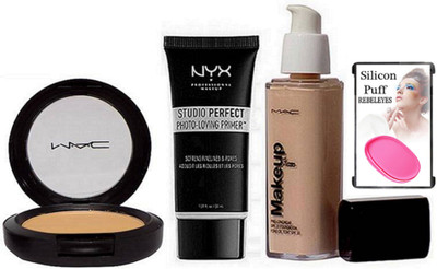 

REBELEYES Silicon Puff & Mac Compact & Nyx Studio Perfect Primer & Makeup Pro Long Wear Foundation(Set of 4)
