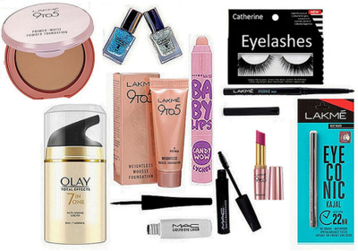 

catherine Eyelashes, Mac Eyeliner & Mascara, Nail Paint, Lakme Eyeconic Kajal, Eyeliner, 9to5 Mousse Foundation, Lipstick, Compact, Olay Cream, Maybelline Lip Balm(Set of 12)
