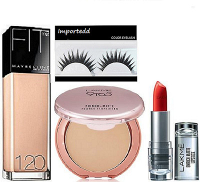 

importedd Eyelashes, Maybelline Fit Me Foundation, Lakme 9 to 5 Primer Matte Powder Compact, Lakme Enrich Lipstick(Set of 4)