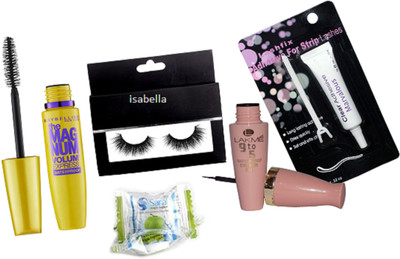 

ISABELLA eyelashes,lakme 9to5 eyeliner,Maybelline the magnum mascara,eyelashes glue,magic napkin(Set of 5)