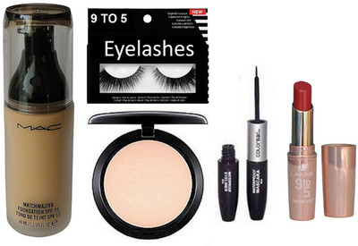 

9 to 5 Eyelashes, Mac Matchmaster Foundation & Mac Compact & Colorbar 2 in one eyeliner & Mascara &Lakme 9to5 crease-less Lipstick(Set of 5)