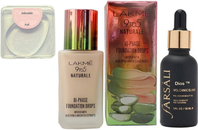 

Adorable silicone puff, lakme 9 to 5 naturale foundation ,farsali volcanic elixir 30 ml(Set of 3)