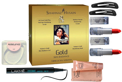 

REBELEYES silicon puff,shahnaz husain gold facial kit, lakme 9to5 weightless mousse foundation, enrich lipstick pack of 2, eyeconic pen eyeliner , hair clip pack of 2(Set of 8)