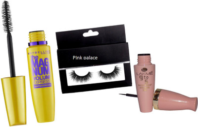 

pink palace Eyelashes, Maybelline the magnum mascara, Lakme 9to5 eyeliner(Set of 3)