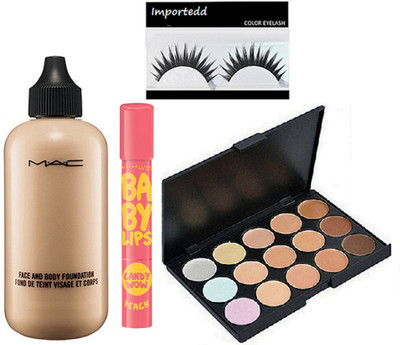 

importedd Eyelashes, Mac Face and Body Foundation, Maybelline Baby Lip, 15 Shades Concealer Palette(Set of 4)