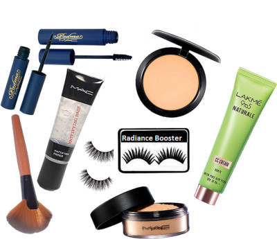 

radiance booster Eyelashes & Mac Compact & Loose Powder & Primer & Padma Eyeliner+Mascara & Makeup Brush & Lakme 9 to 5 Naturale CC Cream(Set of 9)
