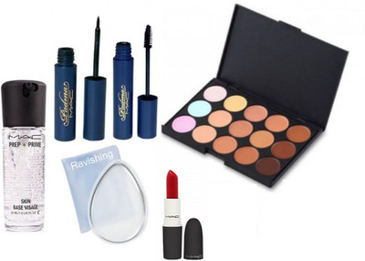 

ravishing silicone puff, Mac prep + prime primer & lipstick & Padma eyeliner & mascara & concealer palette (set of 15)(Set of 6)