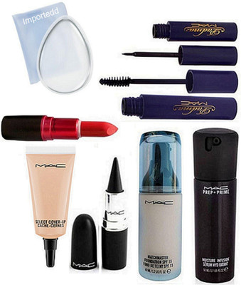 

Importedd silicon puff, Mac match master foundation, select cover up concealer, padma eyeliner and mascara, lady gaga lipstick, prep+prime infusion serum with stick kajal(Set of 8)
