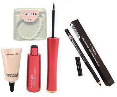 

ISABELLA silicon puff,mac liquid long lasting eyeliner,pencil kajal,select cover up concealer(Set of 4)