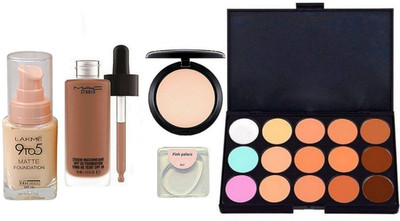 

pink palace Silicon puff, Mac 15 shade concealer palette, compact, studio water weighted fond de tent foundation, Lakme 9to5 matte foundation(Set of 5)