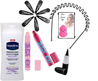 

jenney Sponge Puff & Maybelline Lip Balm (set of 2) & Vaseline Body Lotion & Stick Kaj & HAir Cleep (set of 7) & HAir Bend(Set of 13)