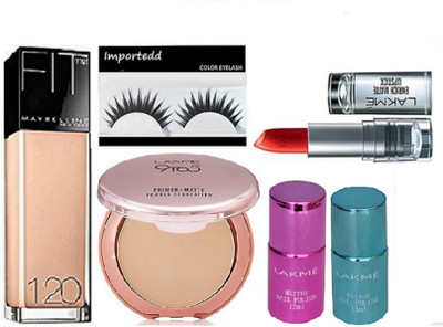 

importedd Eyelashes, Maybelline Fit Me Foundation, Lakme 9 to 5 Primer Matte Powder Compact, Lakme Mirror Nail Polish 2, Lakme Enrich Lipstick(Set of 6)